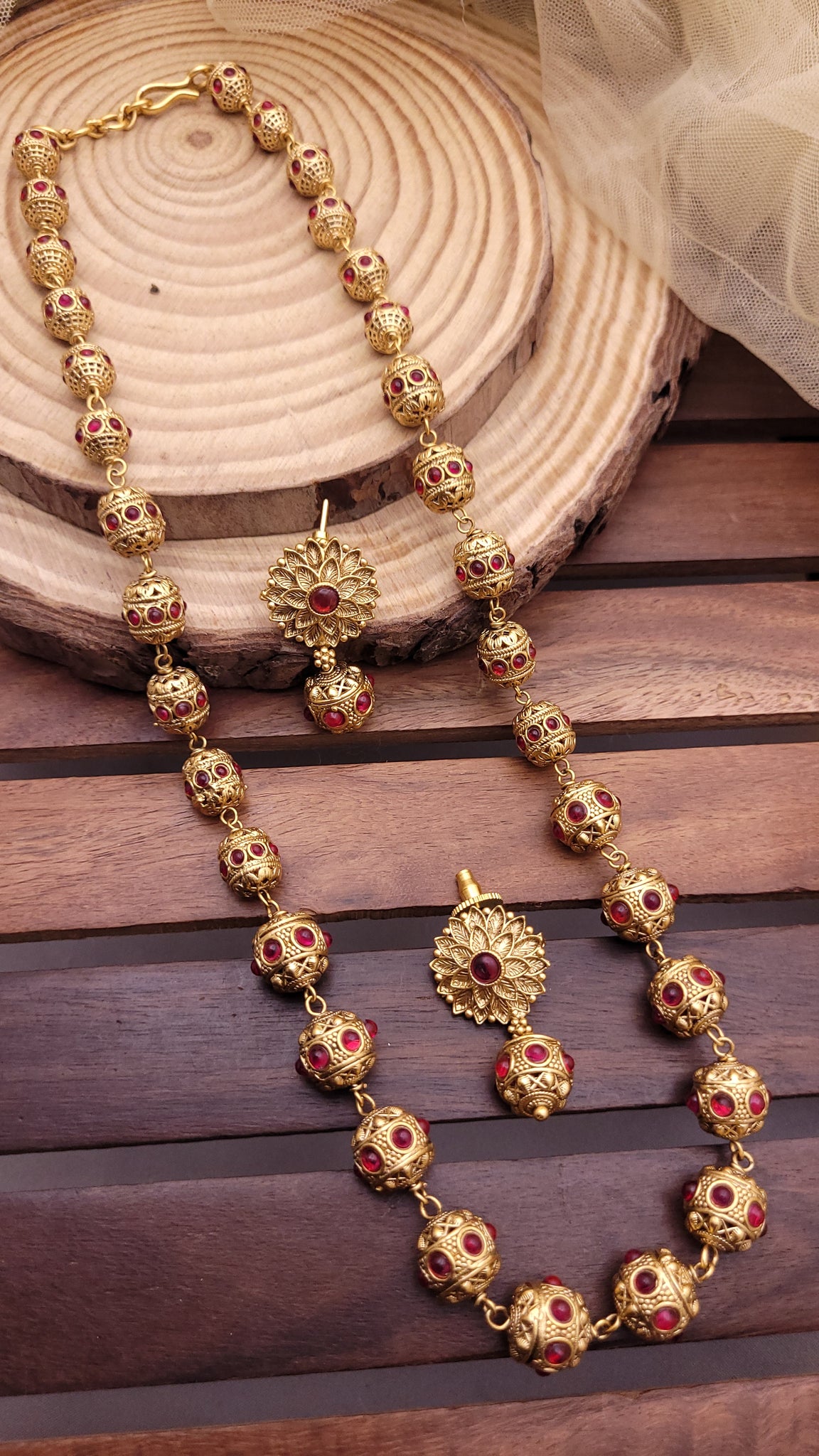 Ruby Stone Golden Moti Mala