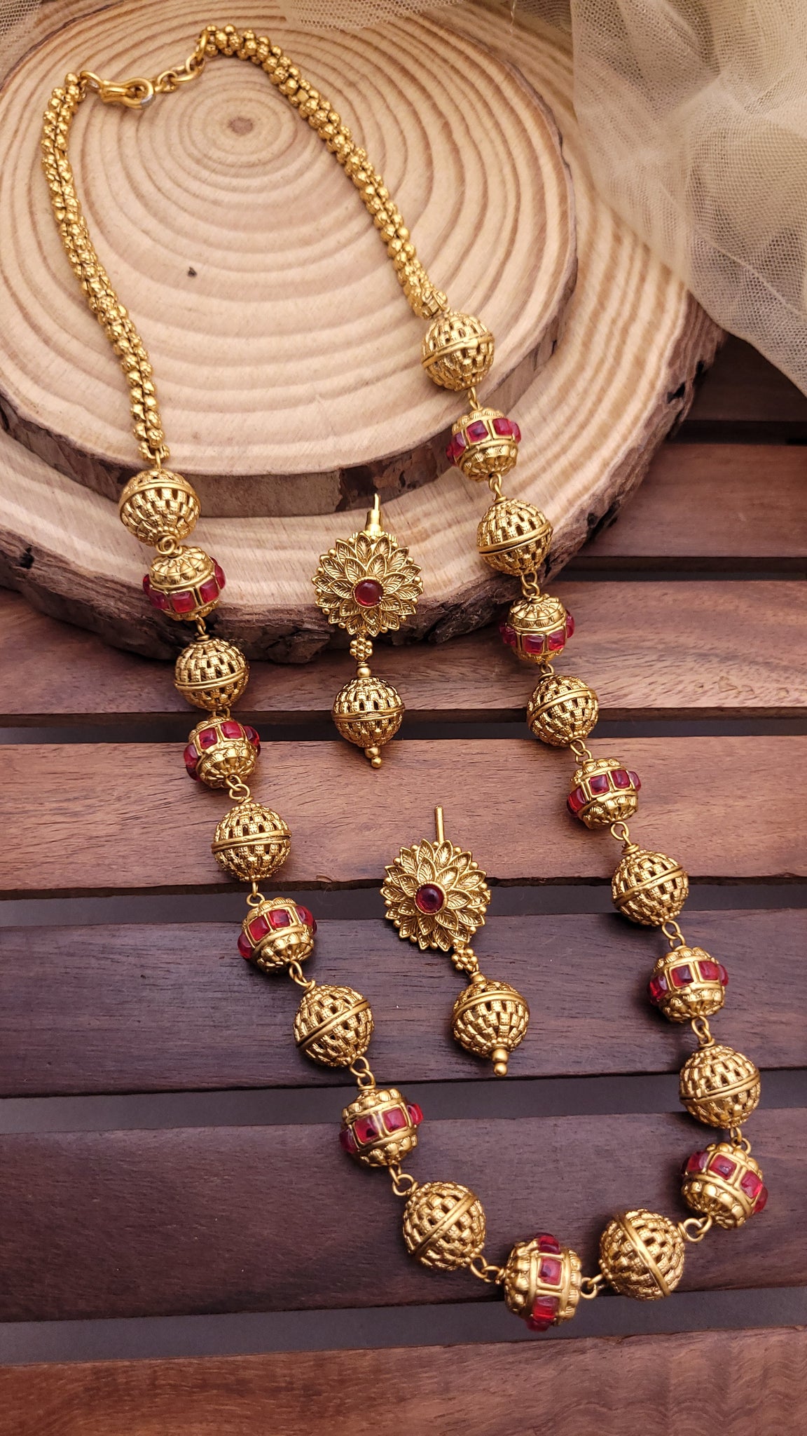 Ruby Stone Golden Moti Mala