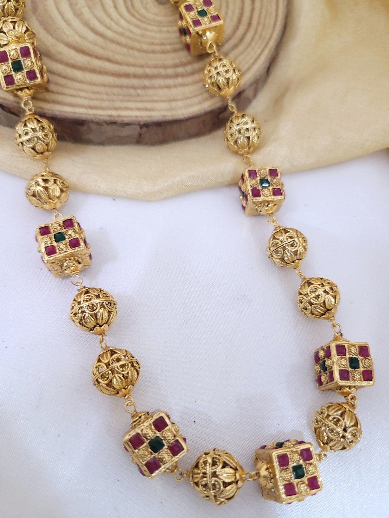 Gold Ruby Green Square Moti Mala