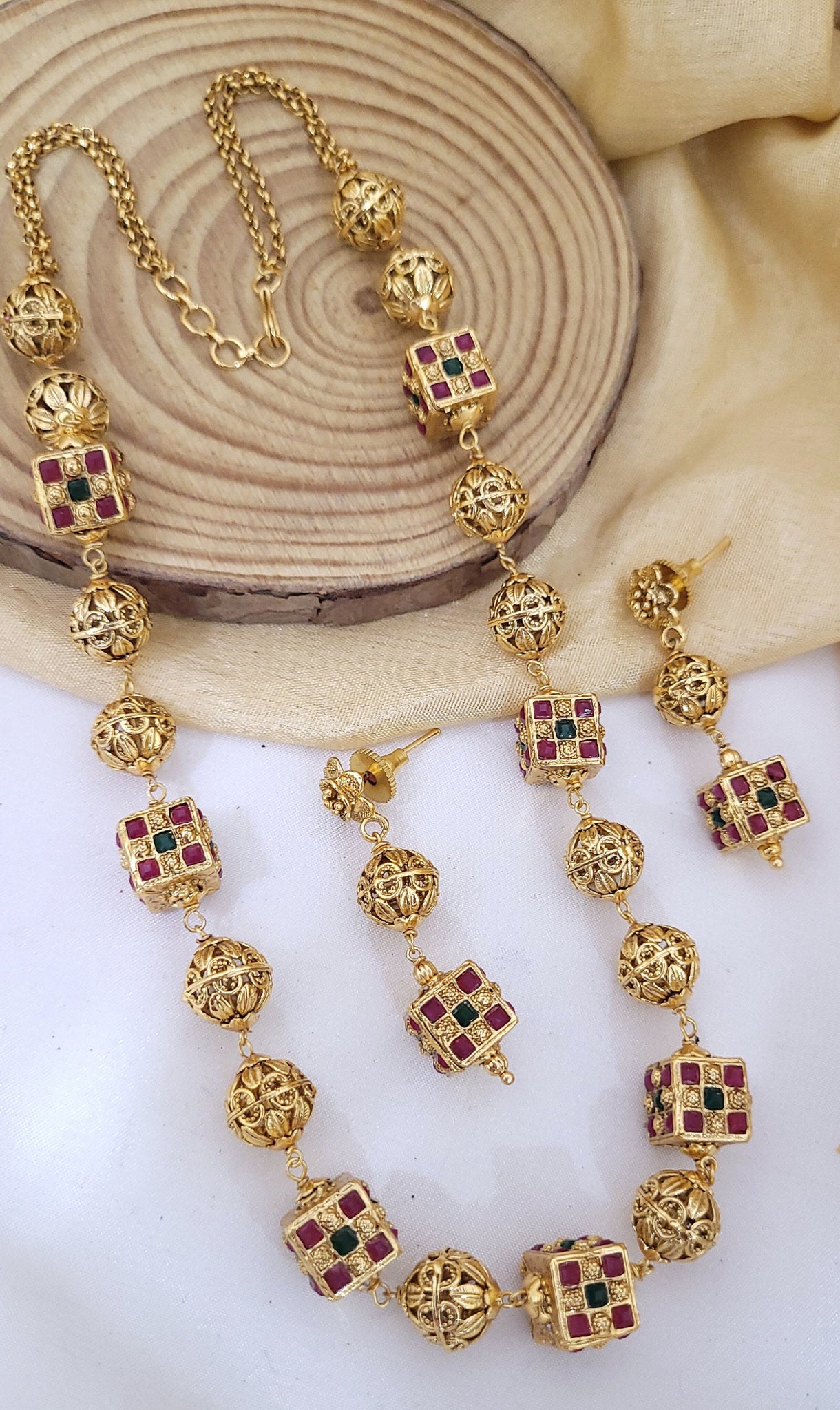 Gold Ruby Green Square Moti Mala