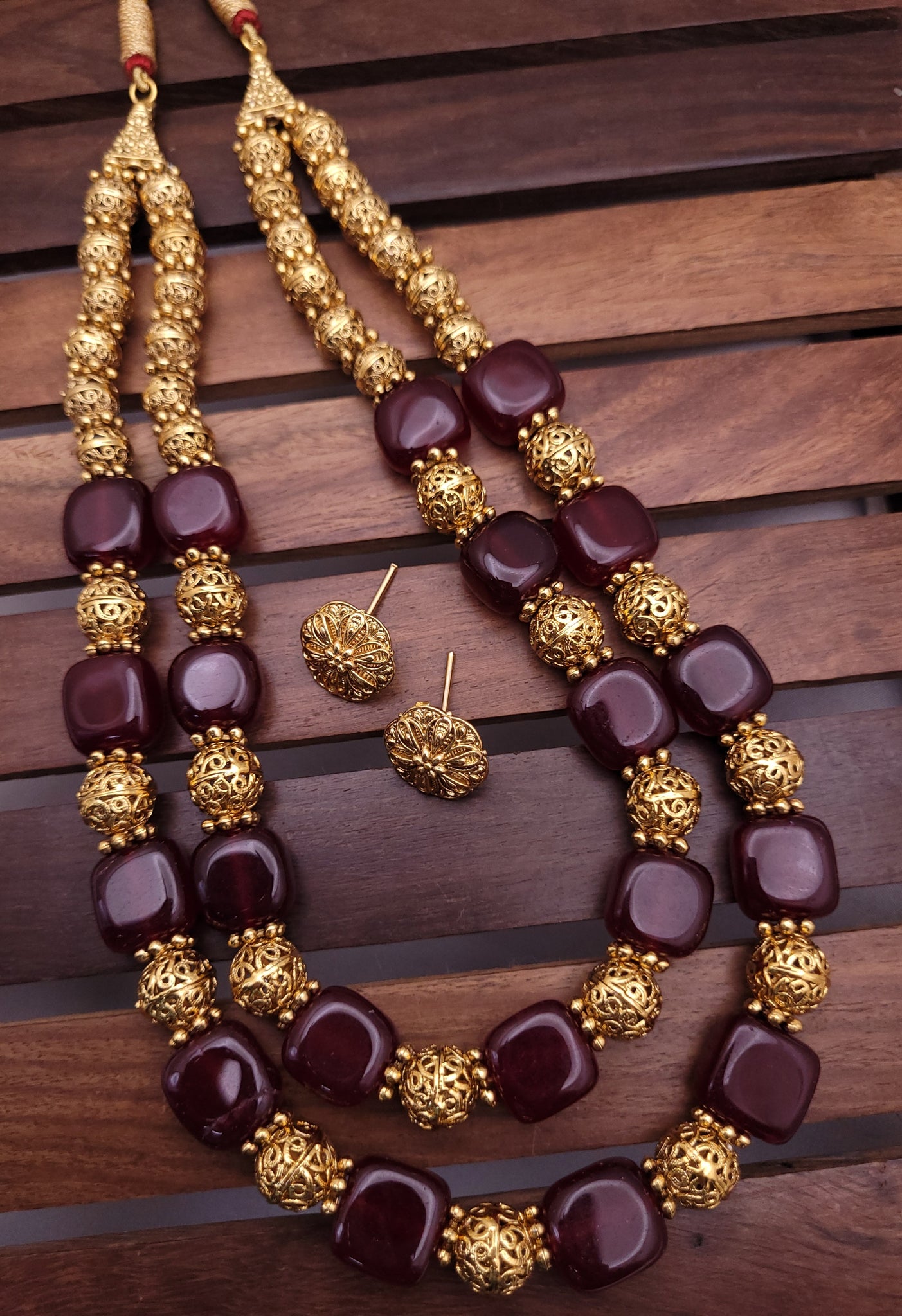 Red Golden Double Line Moti Mala