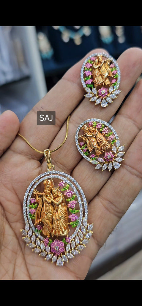 Meenakari radha krishna pendent earring with chain